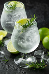 Gin and Tonic Alcohol drink with Lime, Rosemary and ice on rustic black table