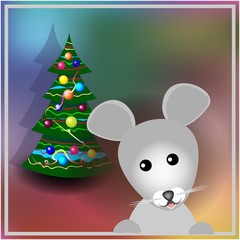 mouse in frame. decorated Christmas tree on a shimmering background