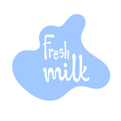 Fresh milk hand drawn lettering white silhouette on a blue pastel cow spot background. Rough doodle style vector illustration.