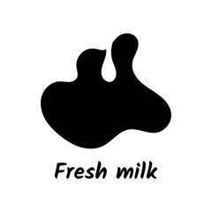 Fresh milk text and black cow spot with milk drop. Rough doodle style vector illustration applicable for logo and package design.