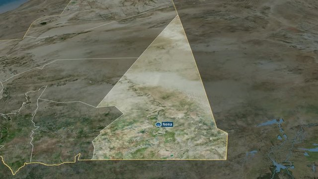 Hodh ech Chargui - region of Mauritania with its capital zoomed on the satellite map of the globe. Animation 3D
