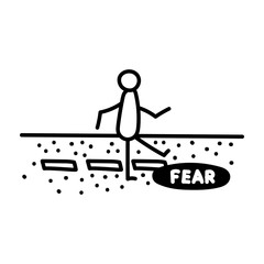 Vector illustration, business scribing doodle. Man walking towards fear.