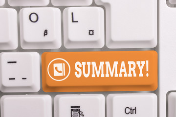 Writing note showing Summary. Business concept for brief statement or account of main points of...