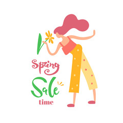 Vector illustration, trendy flat cartoon girl smelling flower. In warm colors. With 
