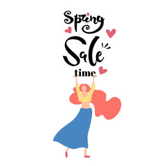 Vector illustration, flat cartoon woman with long pink hair raising hands up and 