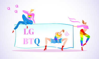 Vector colorful illustration, trendy gay men on heels with table and LGBTQ text. Flat cartoon style, isolated. Applicable for LGBT, transgender rights concepts etc.