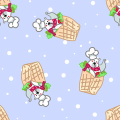 Vector illustration, funny kissing polar bear in the spring roll pattern. Line cartoon style, seamless, blue pastel background with hearts. Applicable for arctic food concepts.