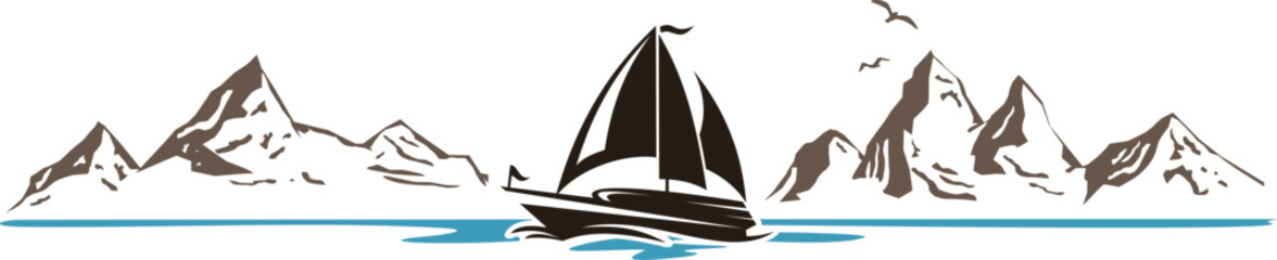 Boat Mountain Lake Vector Silhouette