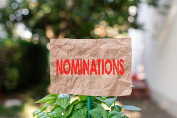 Word writing text Nominations. Business photo showcasing the act of officially suggesting someone...