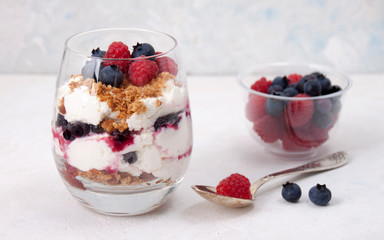 Curd dessert with raspberries, blueberries and cookies