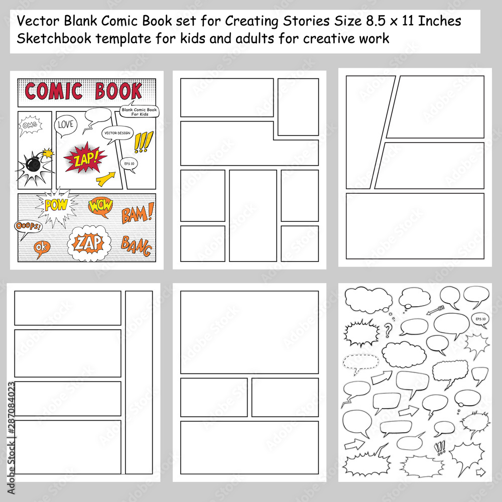 Wall mural comic book blanks set, text speech bubbles , comic magazine cover template, strip page mock up