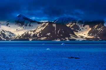 Icebergs floating in a fjord in the Arctic circle, Hornsund, Norway