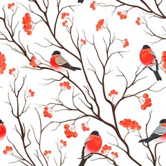 Seamless background with bullfinches sitting on branch of rowan, vector illustration.