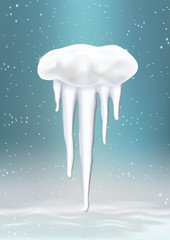 Ice icicles with snow on a blue background, weather icon, winter background with snowdrifts. Vector