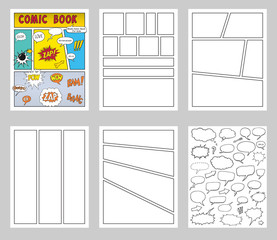 comic book Blanks set, text speech bubbles , Comic magazine cover Template, strip page mock up