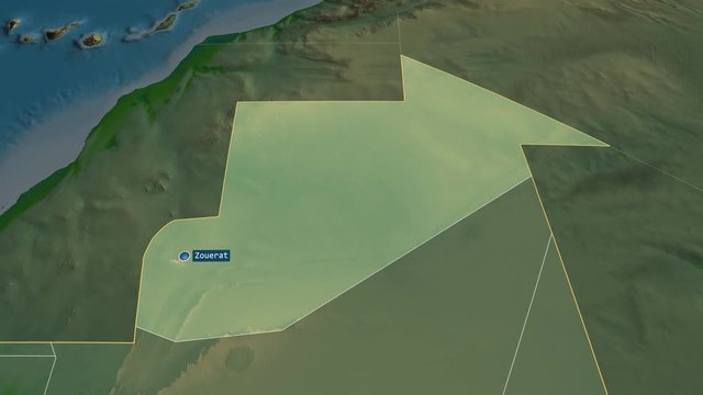 Tiris Zemmour - region of Mauritania with its capital zoomed on the physical map of the globe. Animation 3D