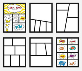 comic book Blanks set, text speech bubbles , Comic magazine cover Template, strip page mock up