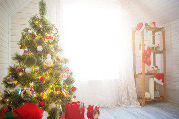 Merry Christmas and Happy Holidays. A beautiful living room decorated for Christmas. Presents and Gifts under Christmas Tree, Winter Holiday Concept