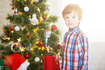 Little boy decorating the Christmas tree at home