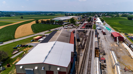 Aerial View of Train Yard Waiting for Trains