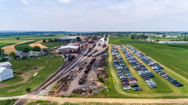 Aerial View of Train Yard Waiting for Trains