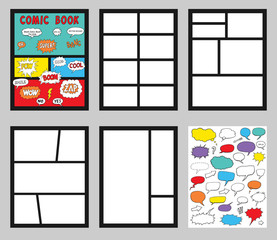 comic book Blanks set, text speech bubbles , Comic magazine cover Template, strip page mock up