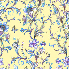 Fototapeta premium Seamless floral pattern in blue tones in the baroque style on a yellow background, hand-drawing, fantastic flowers and butterflies.