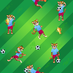 Seamless pattern of soccer field background and tigers as players in uniform with balls and goblets