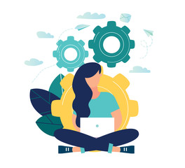 vector illustration of a girl online assistant at work. promotion in the network. manager at a remote job