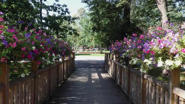 Establishing shot of the bridge over lillan leadning to Omanska parken an early summer morning in alingsas Sweden