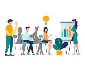 vector illustration. meetings business training, design composition market analysis creative solution. professional development of employees