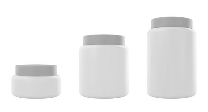 White plastic jar with cap and lable. Realistic vector protein mockup. Design template.