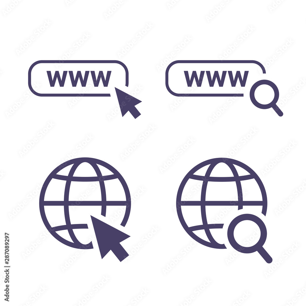 Poster globe icon symbol set, go to web icon vector. website, homepage icon set. Icon url, search and cursor