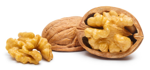Delicious whole and broken walnuts, isolated on white background
