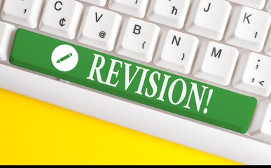 Writing note showing Revision. Business concept for action of revising over someone like auditing...