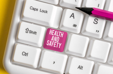 Word writing text Health And Safety question. Business photo showcasing regulations and procedures intended to prevent accident White pc keyboard with empty note paper above white background key copy