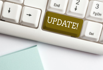 Word writing text UPDATE. Business photo showcasing make something more modern or up to date like software program White pc keyboard with empty note paper above white background key copy space