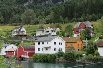 Houses in Hellesylt, Norway at the head of Storfjorden