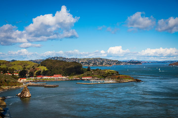 View of Point Cavallo with Tiburon in the background seen from the golden gate bridge on a clear sunny day