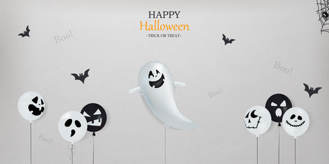 Happy Halloween. Trick or treat. Boo. Scary air balloons. Holiday concept with halloween glitter confetti ghost balloons funny faces for banner, website, poster, greeting card, party invitation.