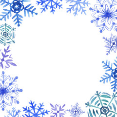 Fototapeta na wymiar Frame card with hand drawn watercolor colorful snowflakes isolated on white background. Design for seasons greeting cards or banner, invitation.