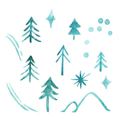 Obraz premium Set of green fir trees, snowflakes, ski track, hills, star isolated on white background. Christmas trees. Happy New Year background. Winter holidays. Design for card, invitation, party.