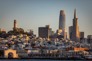 Close up of the San Francisco skyline showing the three most famous buildings just before sunset...