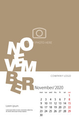 2020 New Year Desk Calendar November modern template gold background
