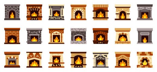 Fireplace christmas fire flat icon vector set