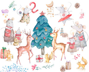 Watercolor Hand drawn cute colorful illustration christmas set with Rat and deer. New Year 2020 symbol. Us for postcard, card, invitations and christmas poster. On white background Forest animal