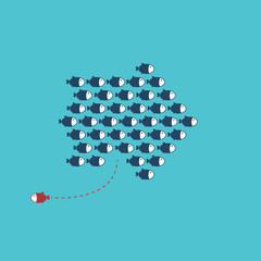 Think differently -One red unique different fish swimming opposite way of identical blue ones.	