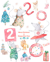 Cute watercolor cartoon set rats and spruce tree. Watercolor hand drawn animals illustration. New Year 2020 holiday drawing illustration. Symbol 2020 Merry Christmas gift card. Greeting postcard