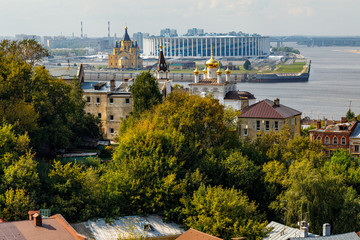 Nizhny Novgorod, Russia. Panoramic view of Nizhny Novgorod. The confluence of the Oka and Volga rivers. The historical part of the city. Embankment of Nizhny Novgorod.