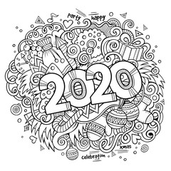 2020 doodles illustration. New Year objects and elements poster design